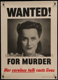 3a052 WANTED! FOR MURDER linen 20x28 WWII war poster '44 careless talk from housewife costs lives!