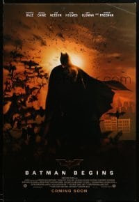 3b056 BATMAN BEGINS advance DS 1sh '05 Christian Bale as the Caped Crusader, many bats, coming soon