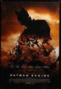 3b058 BATMAN BEGINS advance DS 1sh '05 June 17, image of Christian Bale in title role with bats!