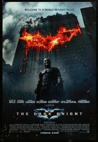 3b205 DARK KNIGHT advance DS English 1sh '08 Christian Bale as Batman in front of flaming building!