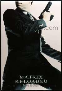 3b121 MATRIX RELOADED teaser DS 1sh '03 great image of Hugo Weaving as Agent Smith with gun!