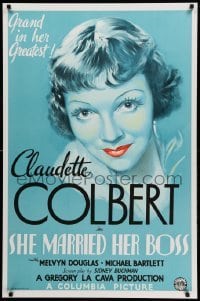 3b315 SHE MARRIED HER BOSS S2 recreation 1sh 2001 blue deco art of Claudette Colbert with red lips!