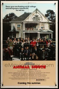 3c004 ANIMAL HOUSE advance 1sh '78 portrait of John Belushi & cast in front of frat house, rare!