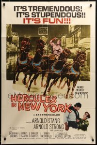 3c026 HERCULES IN NEW YORK 1sh '70 barechested Arnold Schwarzenegger on chariot in his 1st movie!