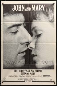 3c152 JOHN & MARY special advance 1sh '69 Dustin Hoffman about to kiss Mia Farrow!