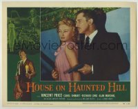 3c477 HOUSE ON HAUNTED HILL LC #1 '59 close up of Vincent Price holding Carol Ohmart & gun!