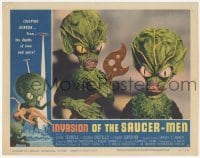 3c485 INVASION OF THE SAUCER MEN LC #1 '57 close up of cabbage head aliens holding wacky tool!