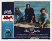 3c496 JAWS LC #6 '75 Roy Scheider, Robert Shaw & Richard Dreyfuss need a bigger boat, Spielberg!