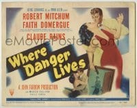 3c334 WHERE DANGER LIVES TC '50 classic art of Robert Mitchum holding sexy Faith Domergue!