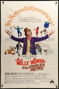 3c049 WILLY WONKA & THE CHOCOLATE FACTORY 1sh '71 Gene Wilder, it's scrumdidilyumptious!