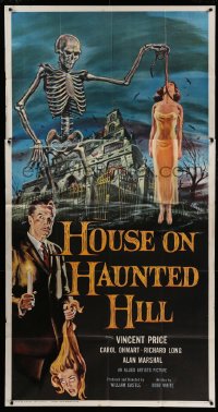 3d126 HOUSE ON HAUNTED HILL 3sh '59 classic art of Vincent Price w/ skeleton & hanging girl, rare!