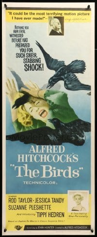 3d105 BIRDS insert '63 Alfred Hitchcock shown, introducing Tippi Hedren, classic attack art!