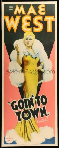 3d109 GOIN' TO TOWN insert '35 full-length sexy Mae West in fur-lined dress with cigarette, rare!