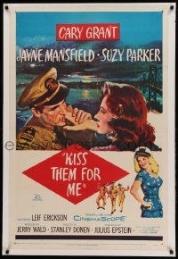 3d087 KISS THEM FOR ME 1sh '57 romantic art of Cary Grant & Suzy Parker + sexy Jayne Mansfield!