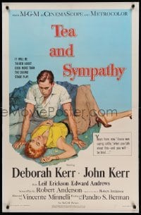 3d092 TEA & SYMPATHY 1sh '56 great artwork of Deborah Kerr & John Kerr by Gale, classic tagline!