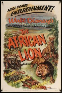 3f020 AFRICAN LION 1sh '55 Walt Disney jungle safari documentary, cool animal artwork!