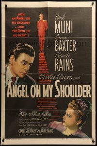 3f037 ANGEL ON MY SHOULDER 1sh '46 artwork of Paul Muni, Claude Rains, pretty Anne Baxter!