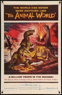 3f040 ANIMAL WORLD 1sh '56 great artwork of prehistoric dinosaurs & erupting volcano!
