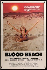 3f100 BLOOD BEACH 1sh '81 Jaws parody tagline, image of sexy girl in bikini sinking in sand!