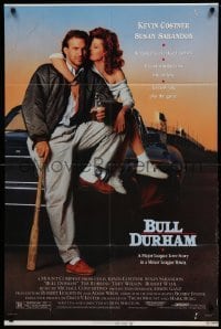 3f126 BULL DURHAM 1sh '88 great image of baseball player Kevin Costner & sexy Susan Sarandon