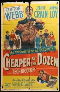 3f158 CHEAPER BY THE DOZEN 1sh '50 art of Clifton Webb holding baby w/kids in background!