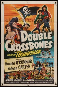 3f236 DOUBLE CROSSBONES 1sh '51 artwork of pirate Donald O'Connor & Helena Carter by ship!
