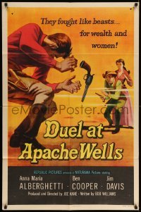 3f244 DUEL AT APACHE WELLS 1sh '57 they fought like beasts for wealth & women, gun duel art!