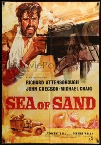 3f765 SEA OF SAND English 1sh '58 Richard Attenborough, Sea of Sand, soldier with huge gun!