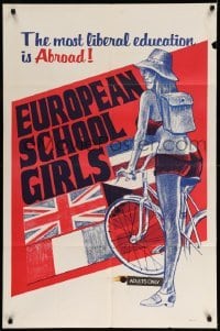3f269 EUROPEAN SCHOOL GIRLS 1sh '70s great artwork of flags and very sexy student on bicycle!