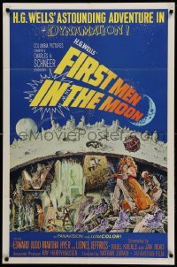 3f301 FIRST MEN IN THE MOON 1sh '64 blue style, Ray Harryhausen, H.G. Wells, fantastic sci-fi art
