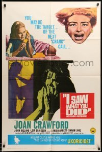3f423 I SAW WHAT YOU DID 1sh '65 Joan Crawford, William Castle, you may be the next target!