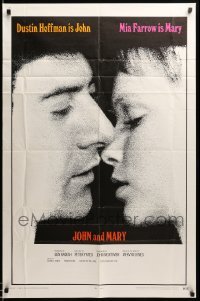 3f448 JOHN & MARY int'l 1sh '69 super close image of Dustin Hoffman about to kiss Mia Farrow!