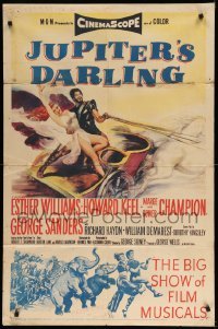 3f458 JUPITER'S DARLING 1sh '55 great art of sexy Esther Williams & Howard Keel on chariot!