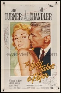 3f488 LADY TAKES A FLYER 1sh '58 close up art of Jeff Chandler nuzzling sexiest Lana Turner!