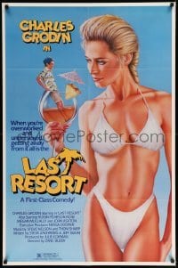 3f498 LAST RESORT 1sh '86 wacky sexy art of woman in bikini holding Charles Grodin in glass!