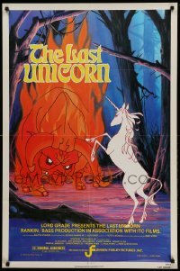 3f500 LAST UNICORN 1sh '82 cool fantasy artwork of unicorn & giant flaming bull!