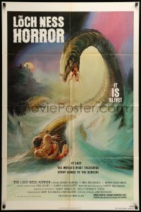 3f530 LOCH NESS HORROR 1sh '82 great Lamanna artwork of prehistoric monster attacking couple!