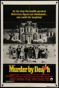 3f609 MURDER BY DEATH 1sh '76 great Charles Addams art of cast by dead body, yellow title design!