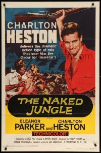 3f622 NAKED JUNGLE 1sh R60 romantic close up of Charlton Heston & Eleanor Parker, George Pal!
