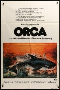 3f668 ORCA advance 1sh '77 artwork of attacking Killer Whale by John Berkey, it kills for revenge!