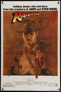 3f727 RAIDERS OF THE LOST ARK 1sh '81 great art of adventurer Harrison Ford by Richard Amsel!