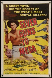 3f773 SEVEN GUNS TO MESA 1sh '58 image of 5 guns pointing at Charles Quinlivan, Lola Albright