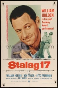 3f825 STALAG 17 1sh R59 different huge c/u of William Holden, Billy Wilder WWII POW classic!