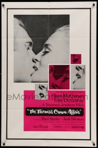 3f887 THOMAS CROWN AFFAIR 1sh '68 best kiss close up of Steve McQueen & sexy Faye Dunaway!