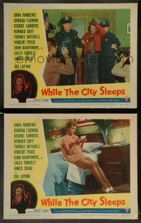 3g992 WHILE THE CITY SLEEPS 2 LCs '56 Fritz Lang noir, Howard Duff, Rhonda Fleming!