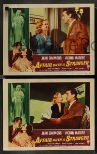 3g032 AFFAIR WITH A STRANGER 8 revised LCs '53 Victor Mature, Jean Simmons, cool border art