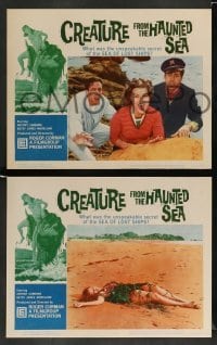 3g105 CREATURE FROM THE HAUNTED SEA 8 LCs '61 cool border art of huge sea monster & sexy girl!