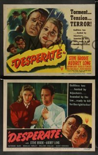 3g142 DESPERATE 8 LCs '47 close up of Steve Brodie & pretty Audrey Long, Anthony Mann noir!