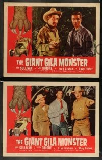 3g708 GIANT GILA MONSTER 4 LCs '59 classic border art of giant hand grabbing teens in hot rod!