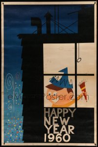 3h047 HAPPY NEW YEAR 1960 40x60 '60 art of happy kid in window watching party down below!